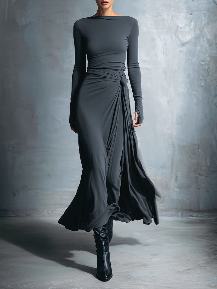 Elegant Grey Jersey Knit Maxi Dress with Wrap Knot Detail