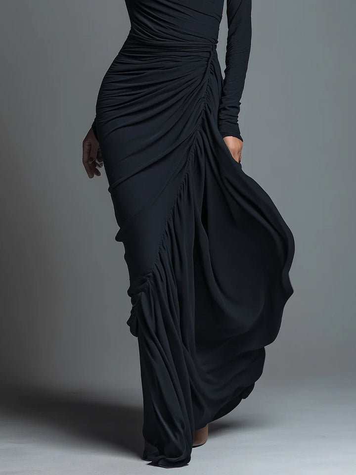 Chic Black Ruched Jersey Knit Maxi Dress