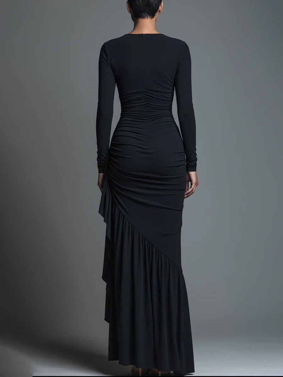 Chic Black Ruched Jersey Knit Maxi Dress