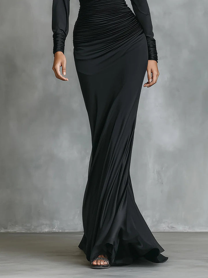 Elegant Black Satin One-Shoulder Ruched Mermaid Maxi Dress