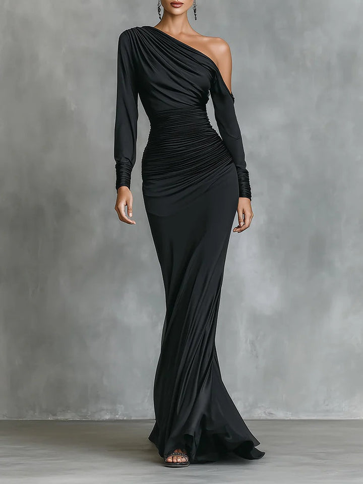 Elegant Black Satin One-Shoulder Ruched Mermaid Maxi Dress