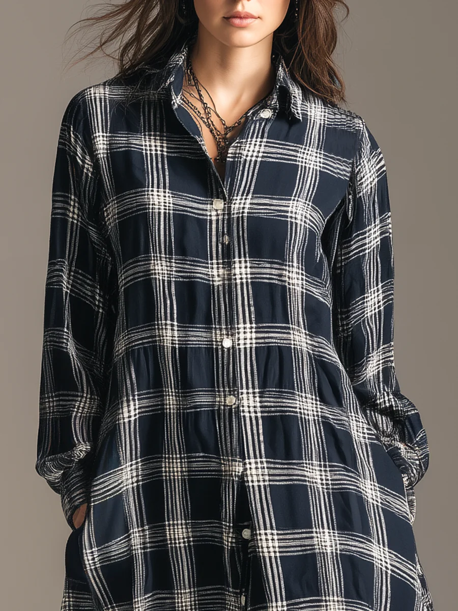 Loose Maxi Dress in Blue and White Plaid with Lapel Detail