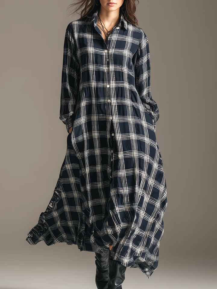 Loose Maxi Dress in Blue and White Plaid with Lapel Detail