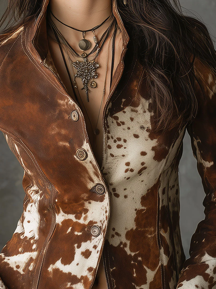 Retro Cow Print Slim-Fit Jacket with Stand-Up Collar