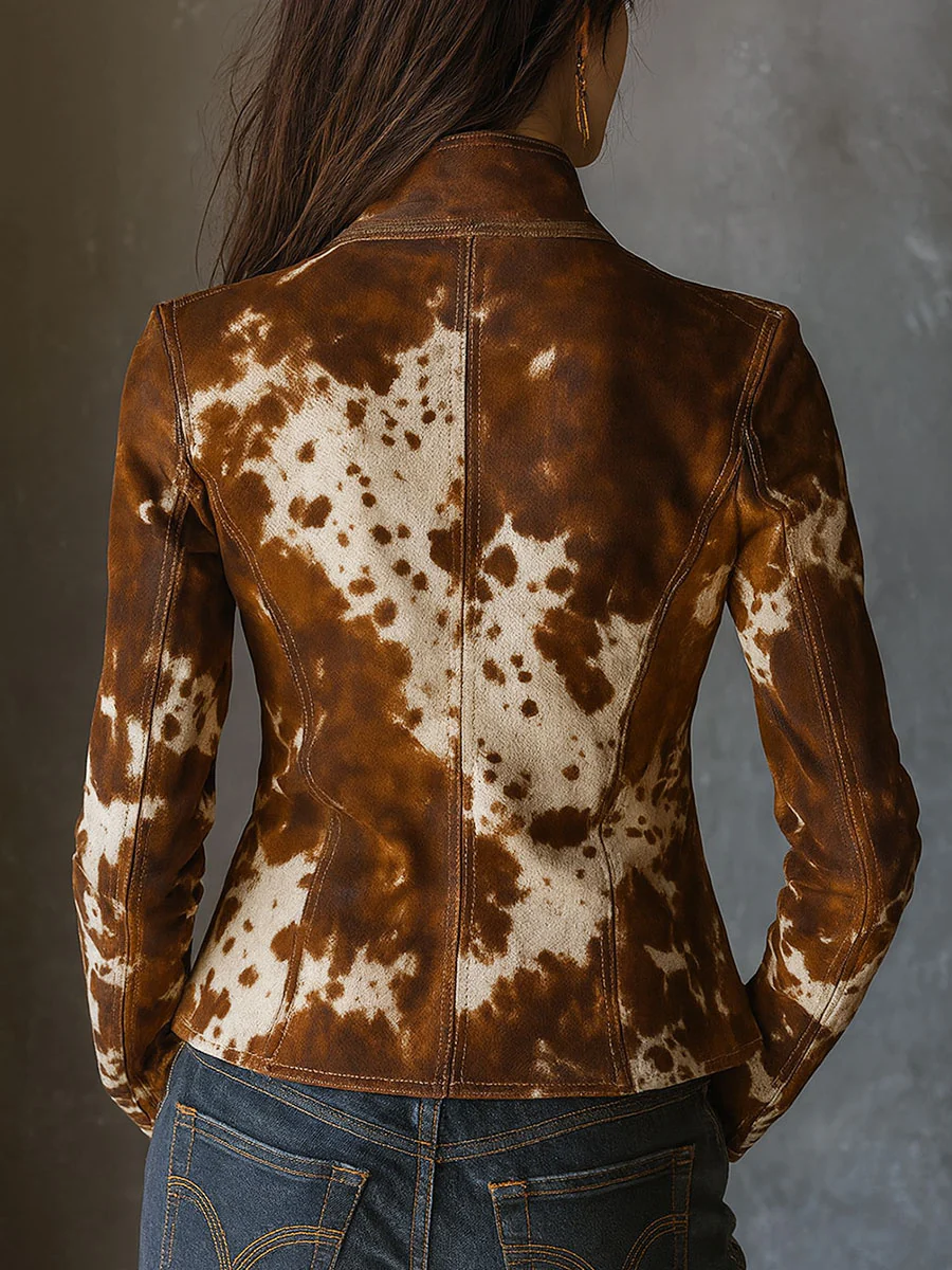 Retro Cow Print Slim-Fit Jacket with Stand-Up Collar