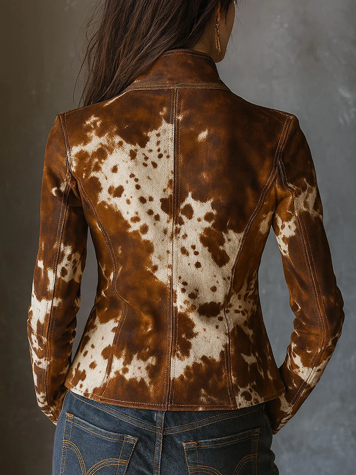 Retro Cow Print Slim-Fit Jacket with Stand-Up Collar