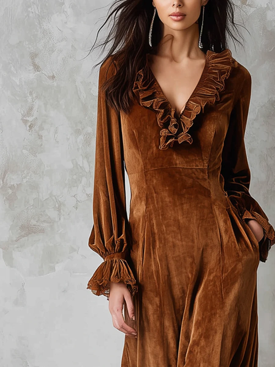 Retro Velvet Midi Dress with Ruffled Neckline and Lace Trim