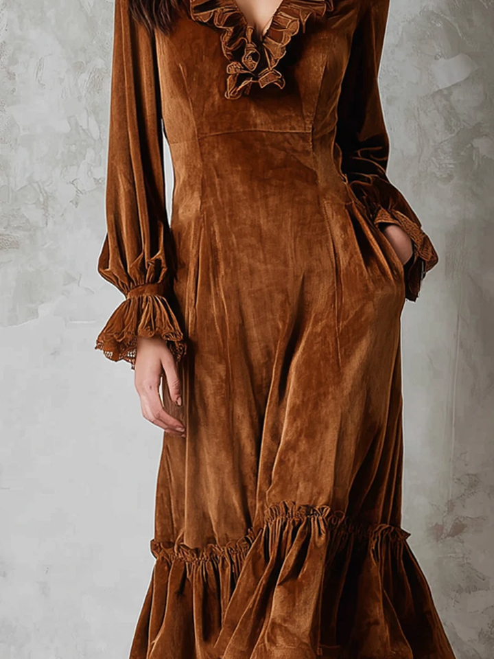 Retro Velvet Midi Dress with Ruffled Lace-Trimmed Neckline