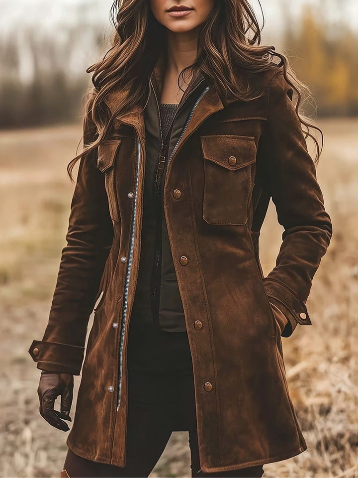Classic Mid-Length Suede Coat with Lapel Collar