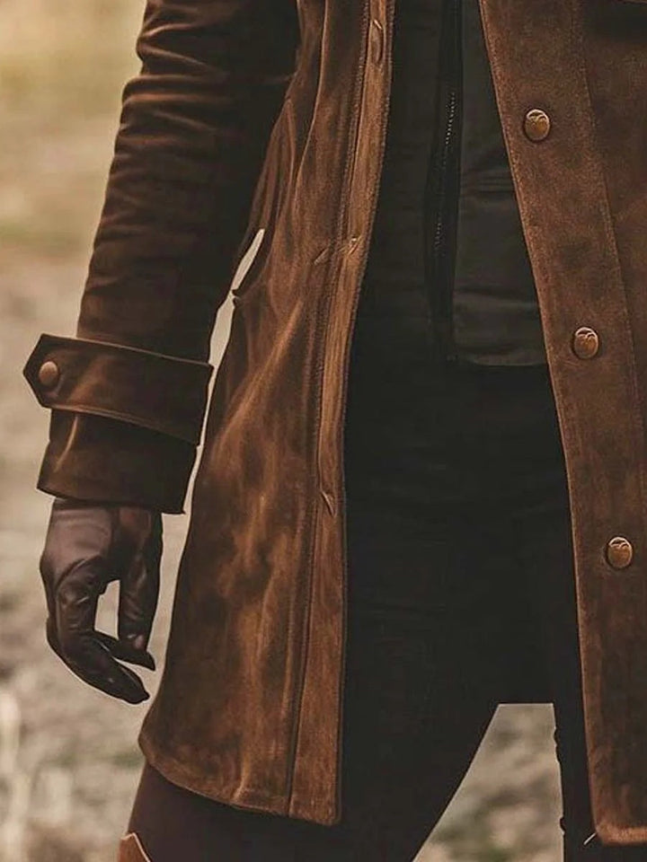 Classic Mid-Length Suede Coat with Lapel Collar
