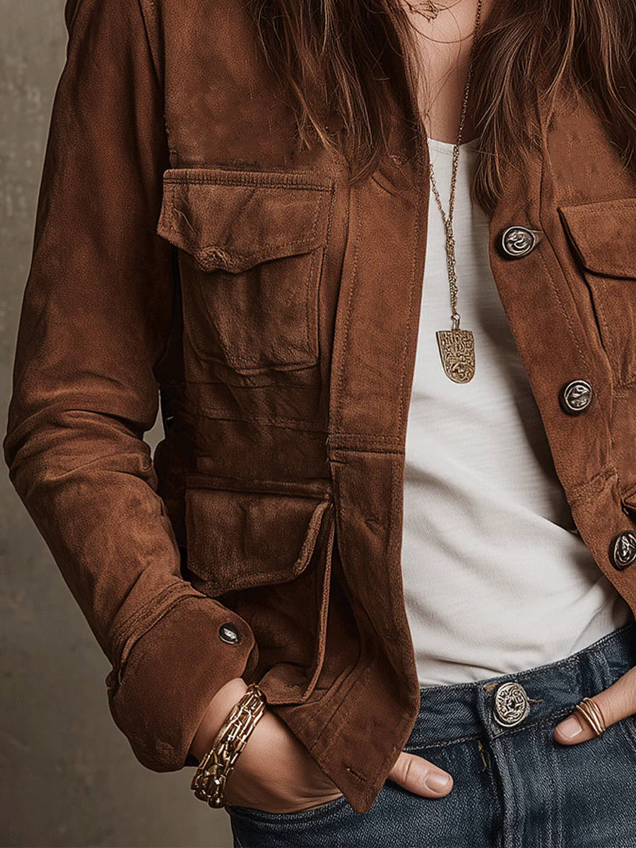 Retro Brown Faux Suede Multi-Pocket Jacket