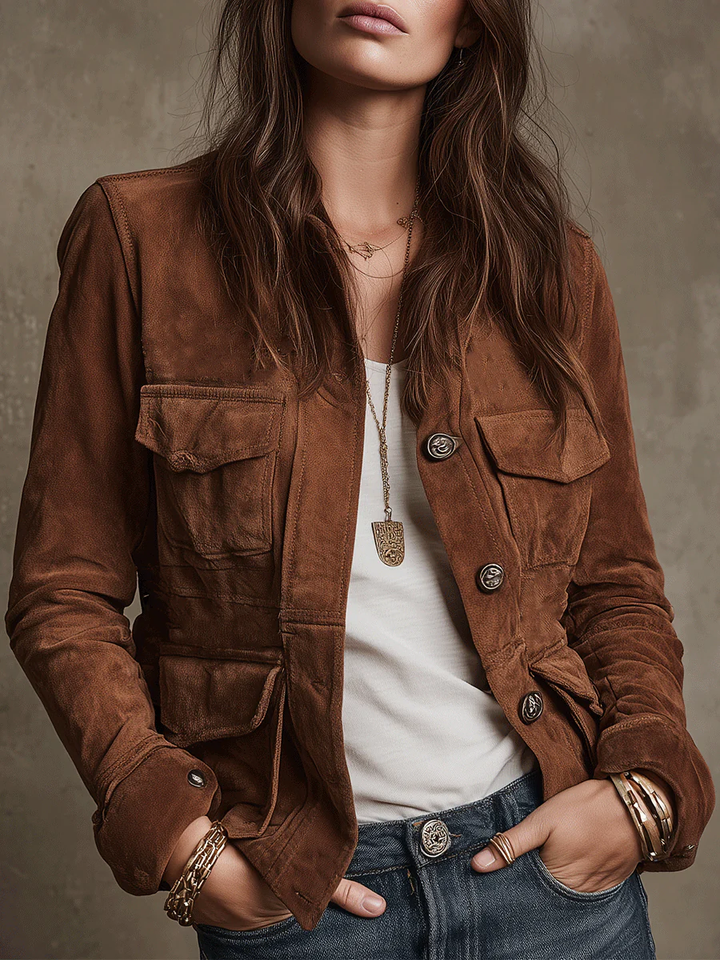 Retro Brown Faux Suede Multi-Pocket Jacket