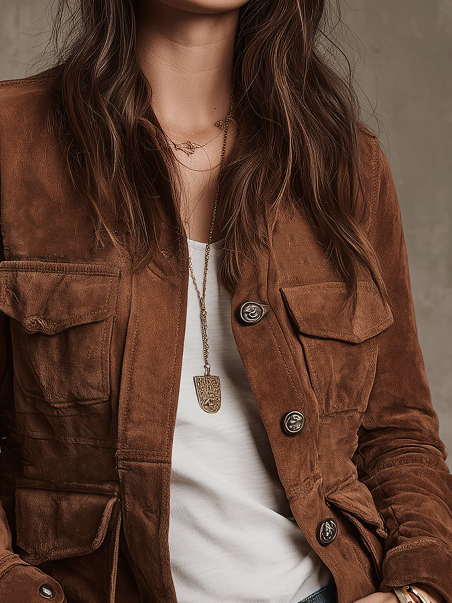 Retro Brown Faux Suede Multi-Pocket Jacket