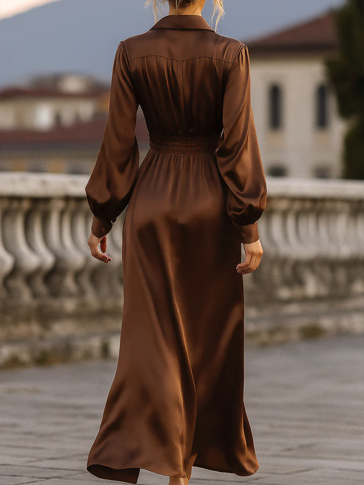 Chic Dark Brown Belted Maxi Dress with Lapel Detail