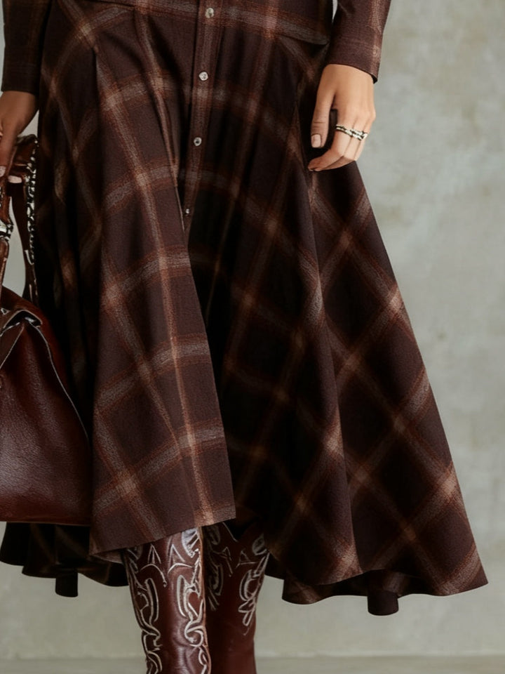 Classic Dark Brown Plaid Button-Down Shirt Dress