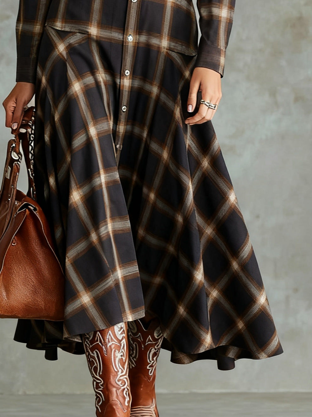 Classic Dark Brown Plaid Button-Down Shirt Dress