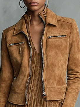 Chic Brown Cropped Suede Jacket with Lapel and Zipper