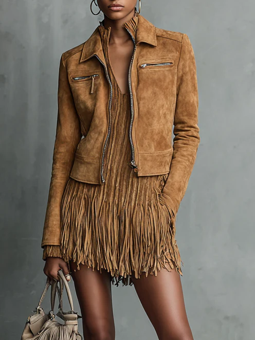Chic Brown Cropped Suede Jacket with Lapel and Zipper