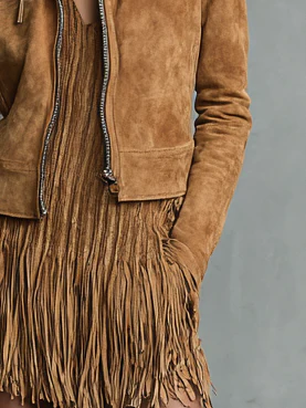 Chic Brown Cropped Suede Jacket with Lapel and Zipper