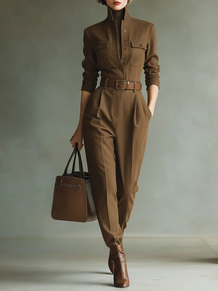Chocolate Brown Faux Suede Jumpsuit with Belt