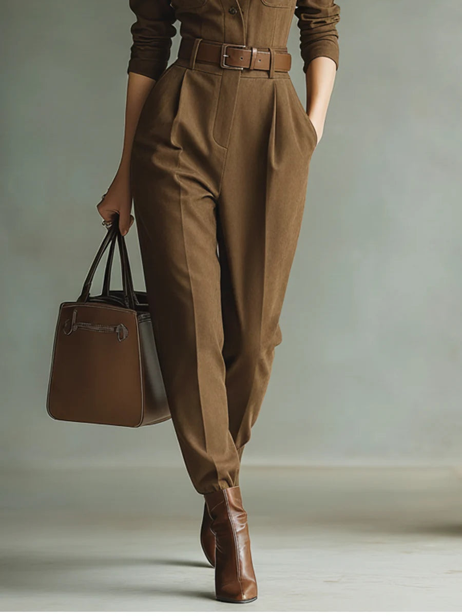 Chocolate Brown Faux Suede Jumpsuit with Belt