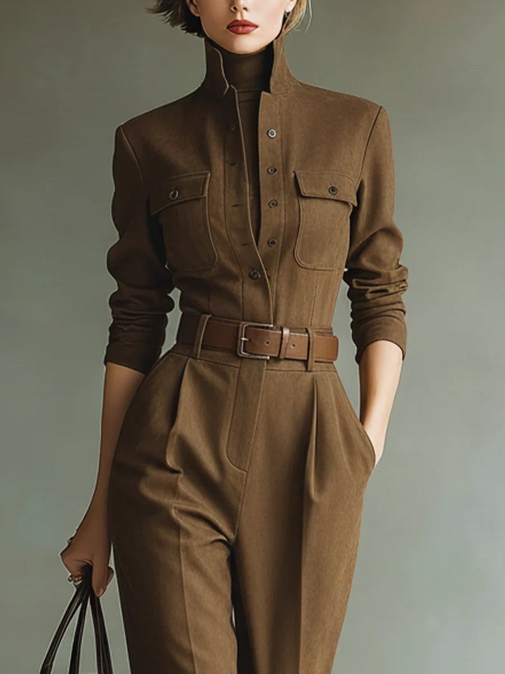 Chocolate Brown Faux Suede Jumpsuit with Belt