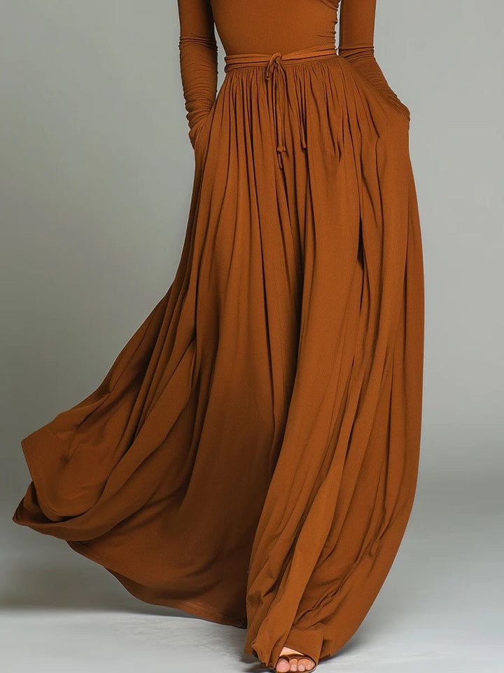 Chic Brown Jersey Turtleneck Maxi Dress with Belt