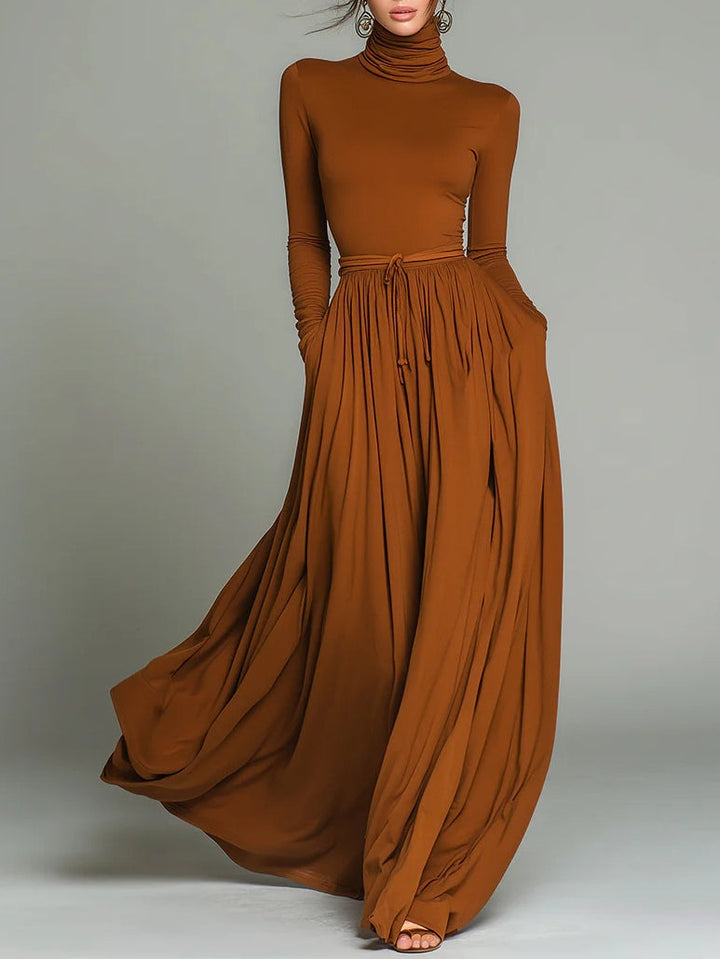 Chic Brown Jersey Turtleneck Maxi Dress with Belt