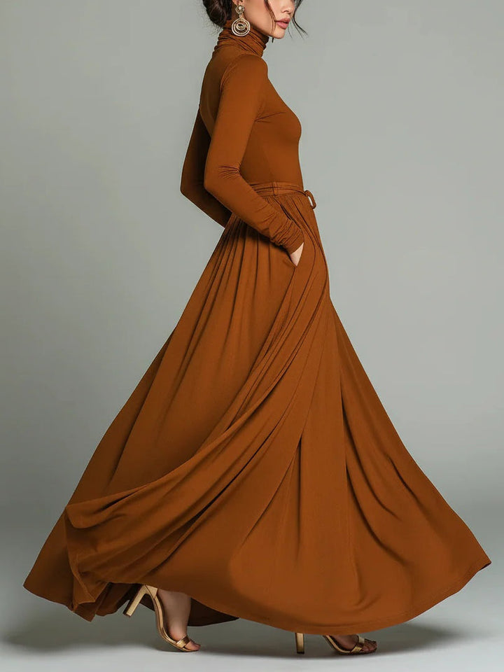 Chic Brown Jersey Turtleneck Maxi Dress with Belt