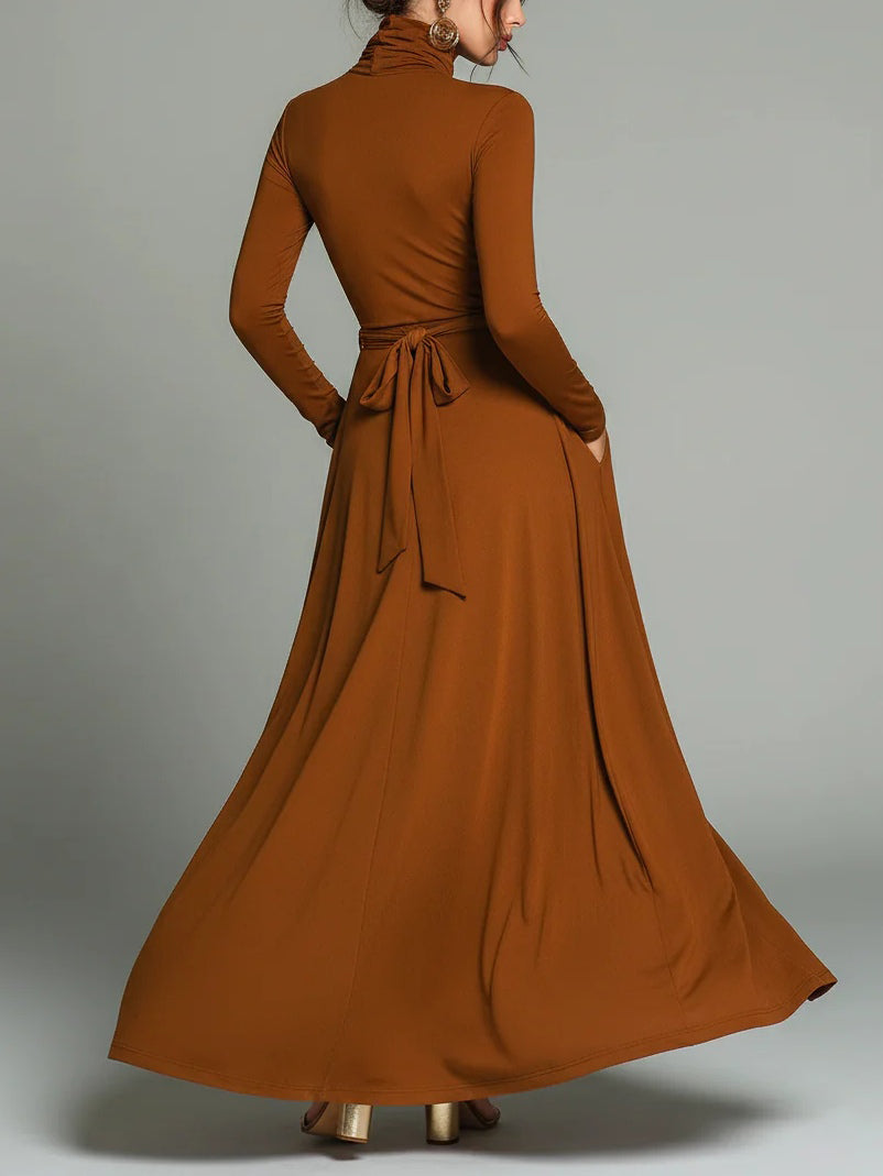 Chic Brown Jersey Turtleneck Maxi Dress with Belt