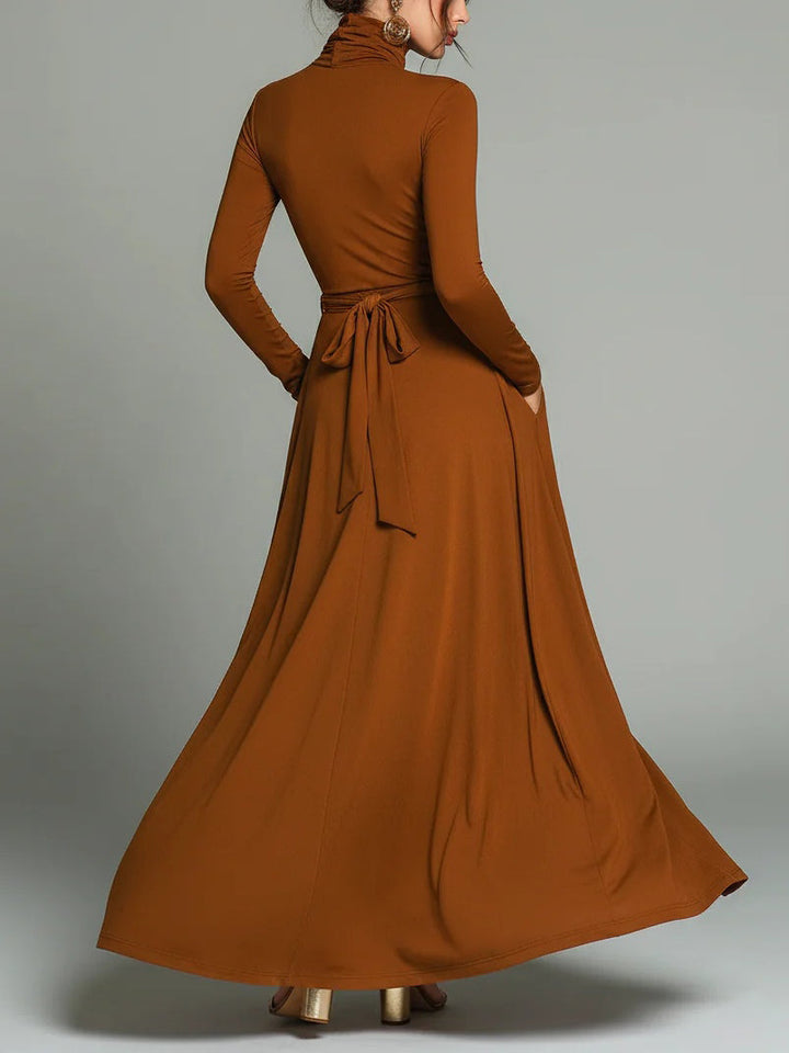 Chic Brown Jersey Turtleneck Maxi Dress with Belt