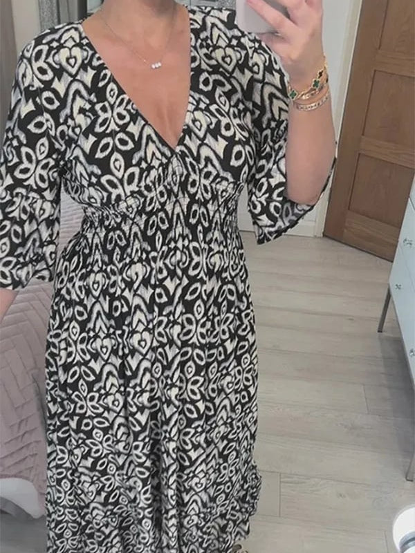 Bohemian V-Neck Wrap Dress with Casual Print