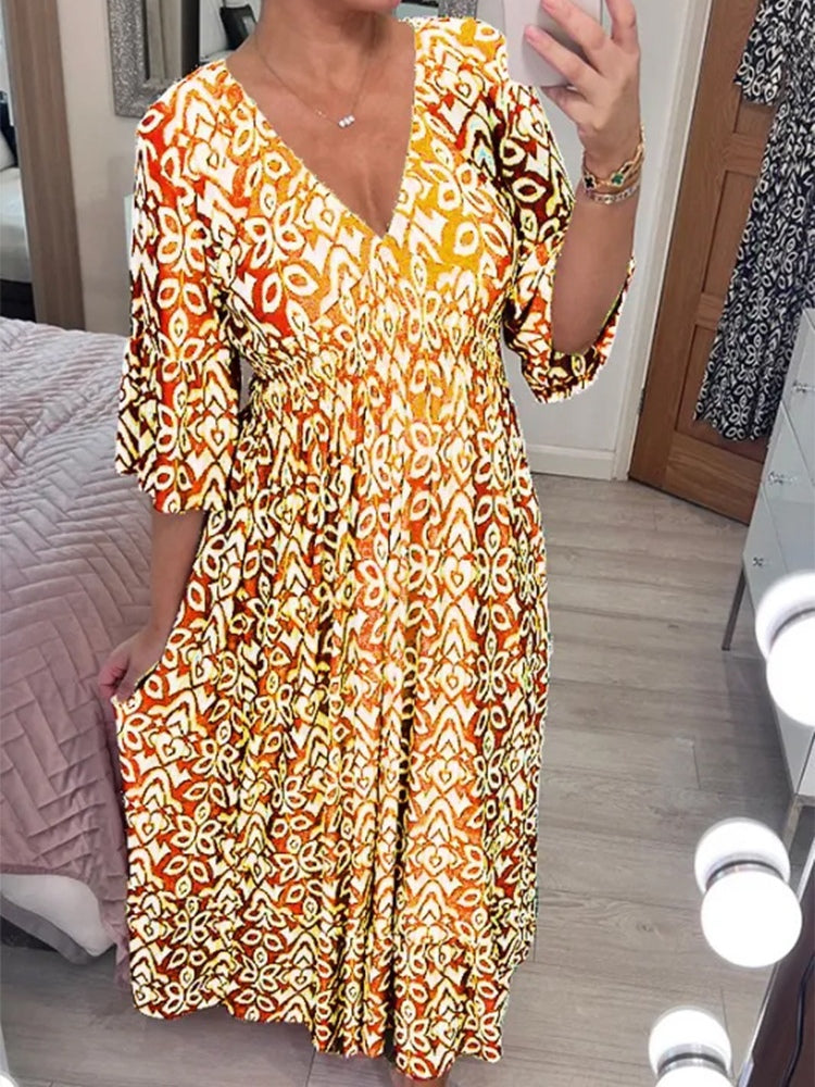Bohemian V-Neck Wrap Dress with Casual Print