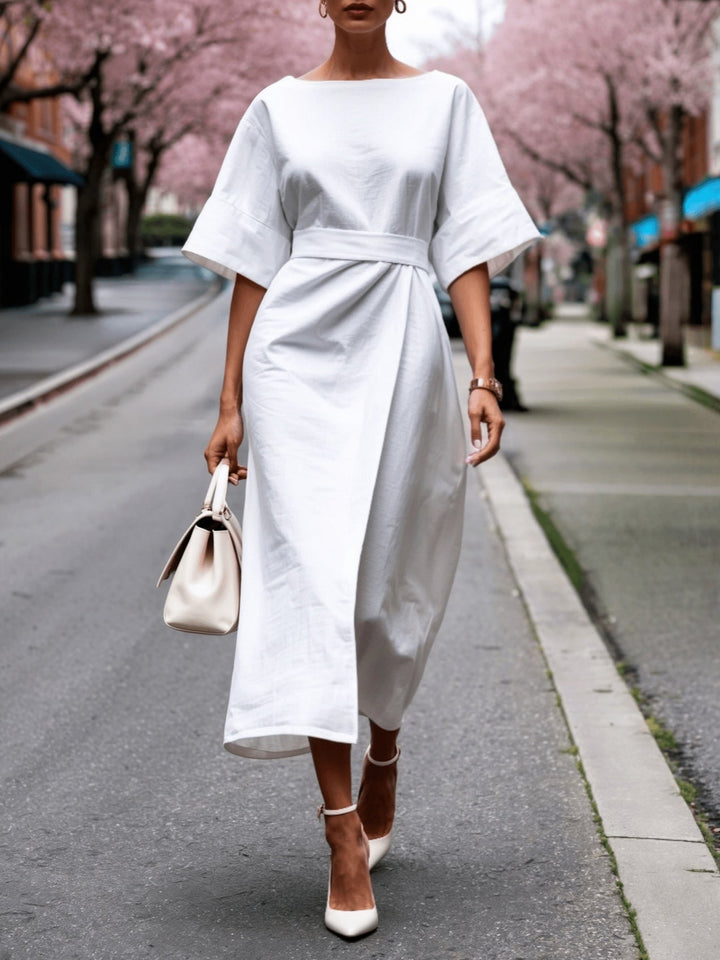 Loose-Fit Linen Boat Neck Tie Dress