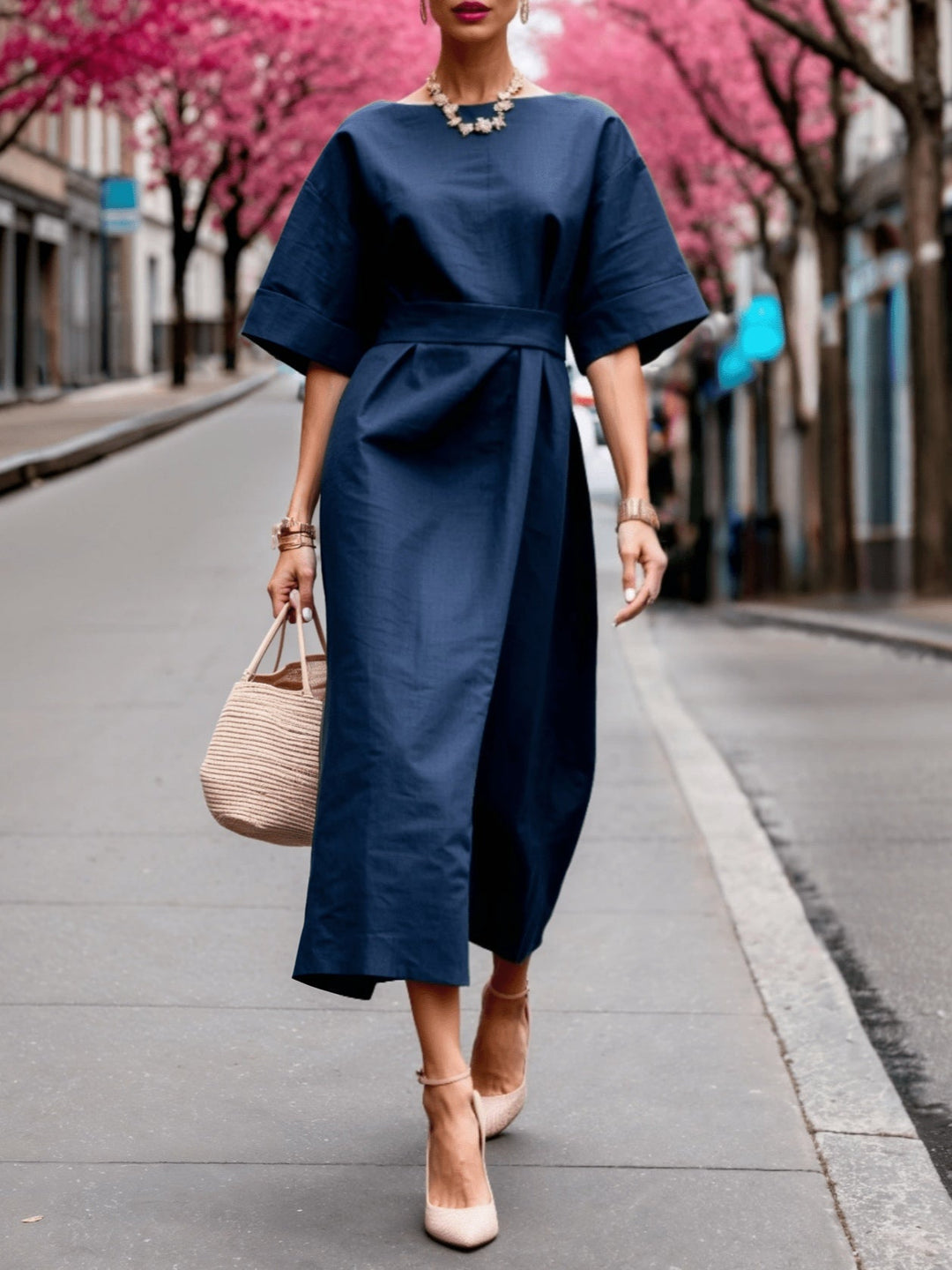 Loose-Fit Linen Boat Neck Tie Dress