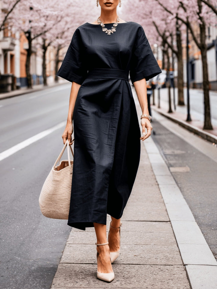 Loose-Fit Linen Boat Neck Tie Dress