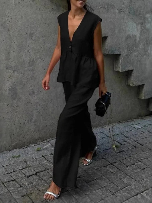 V-Neck Ruffled Two-Piece Set in Cotton and Linen