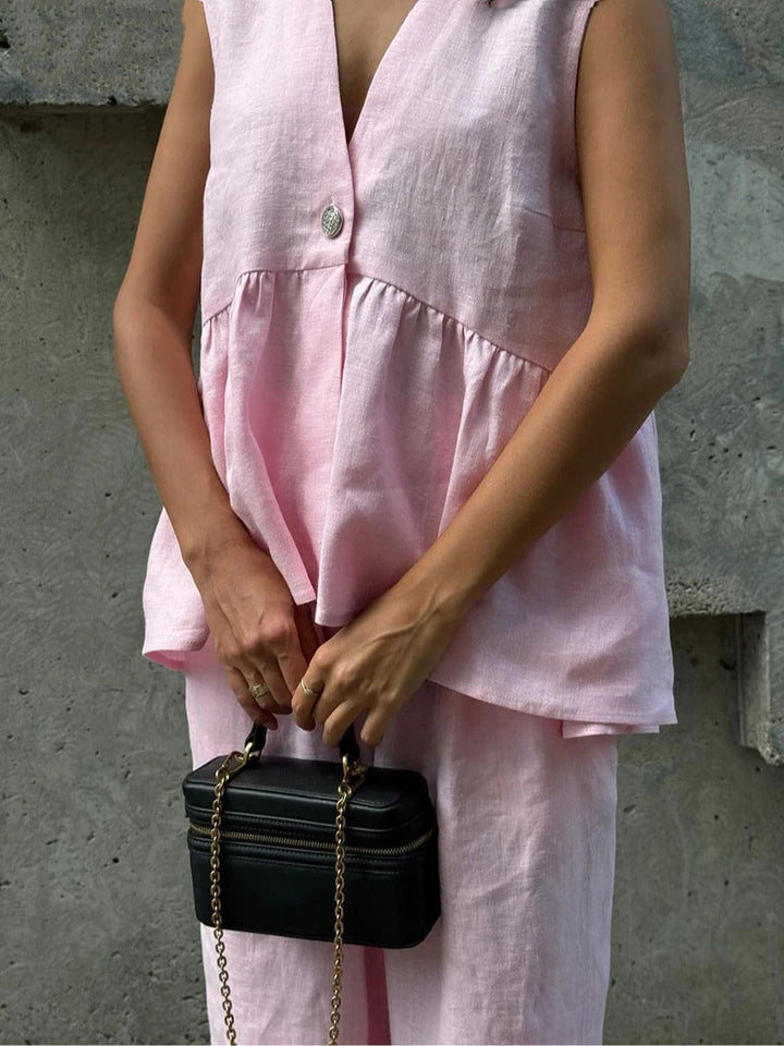 V-Neck Ruffled Two-Piece Set in Cotton and Linen