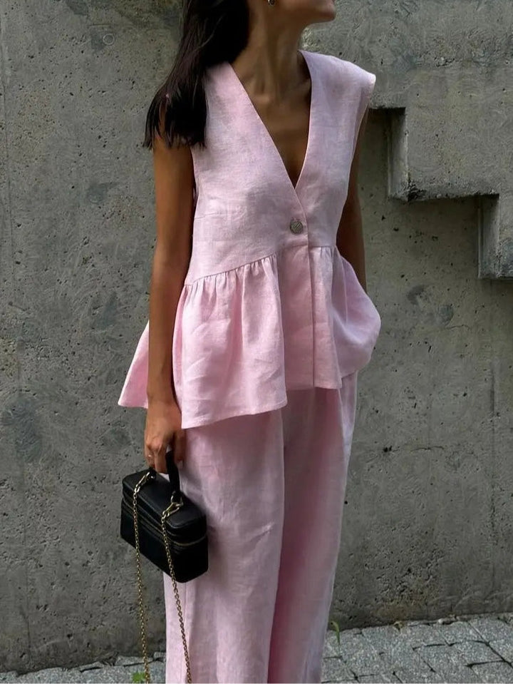 V-Neck Ruffled Two-Piece Set in Cotton and Linen