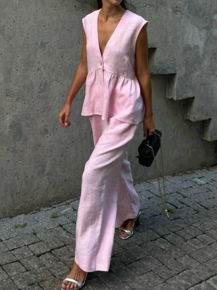 V-Neck Ruffled Two-Piece Set in Cotton and Linen