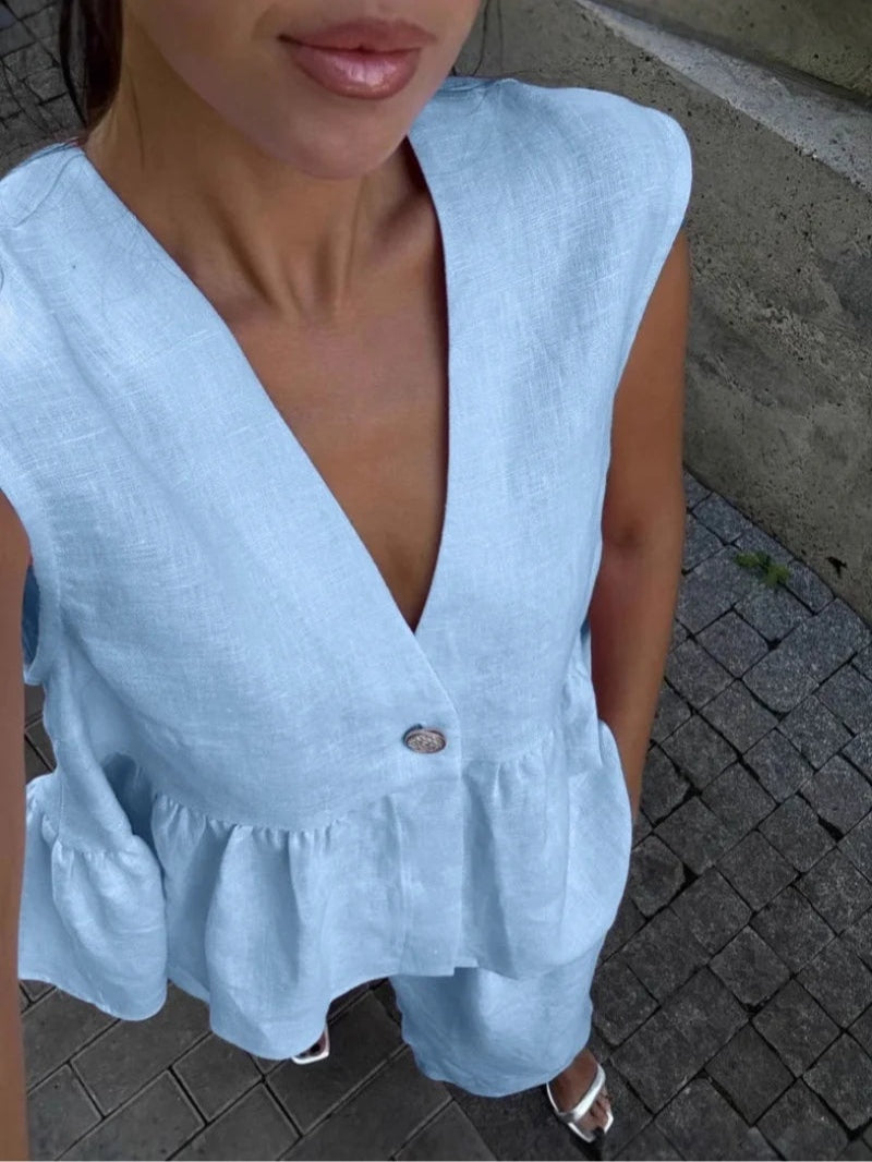 V-Neck Ruffled Two-Piece Set in Cotton and Linen