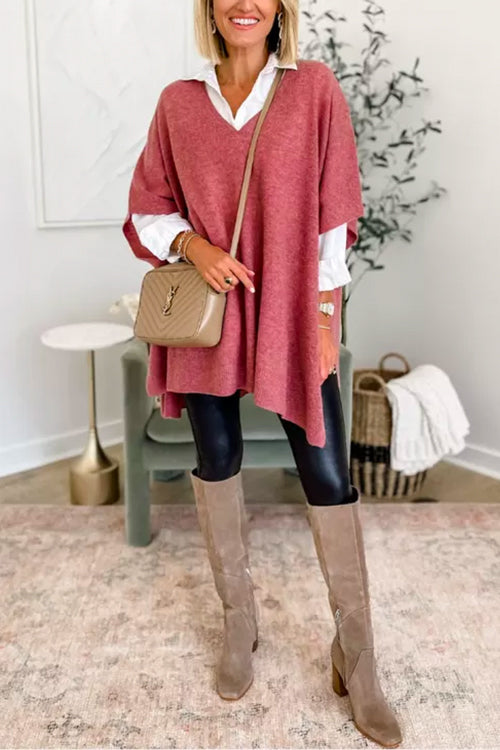 Stylish V-Neck Loose-Fit Solid Poncho Sweater