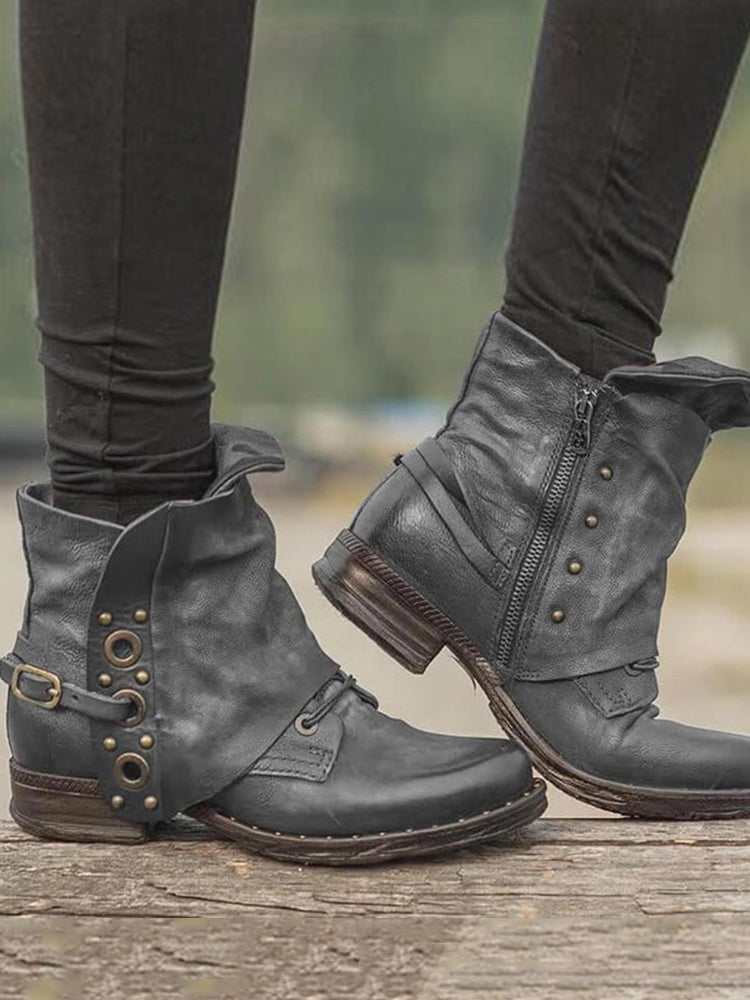 Retro Studded Buckle Ankle Boots