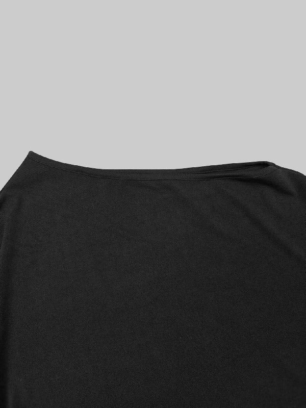 One-Shoulder Blouse with Batwing Sleeves - Loose Fit, Asymmetric Solid Color Top