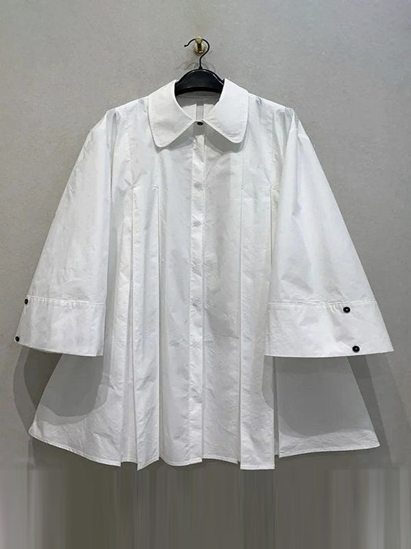 Button-Up Midi Dress with Long Sleeves, Pleated Design, and Solid Color Lapel