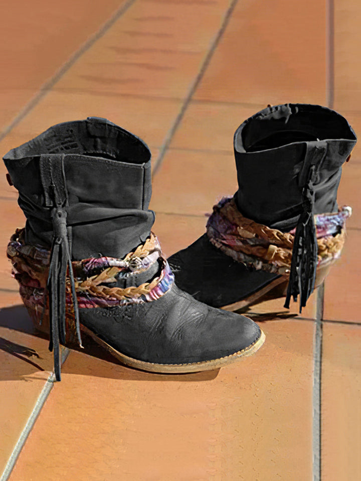 Retro Western-Inspired Tassel Ankle Boots