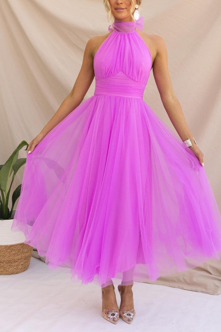 Enchanting Tulle Halter Maxi Dress with Gathered Detailing