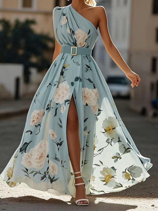 Light Green Floral One-Shoulder A-Line Maxi Dress with Ruched Details