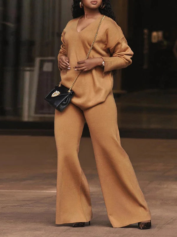 V-Neck Pullover with Long Sleeves in Solid Colors