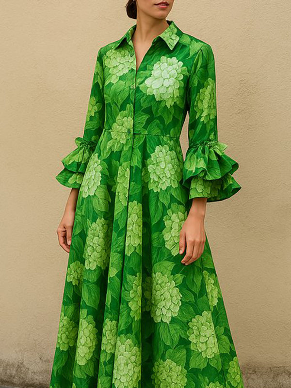 Maxi Dress with Flared Sleeves, High Waist, Pleated Lapel, and Floral Print